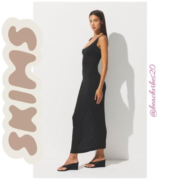 SKIMS Threadbare Cotton Scoop-neck Long Dress/ Sheer Rib Long Dress Soot L NWT - Picture 2 of 5